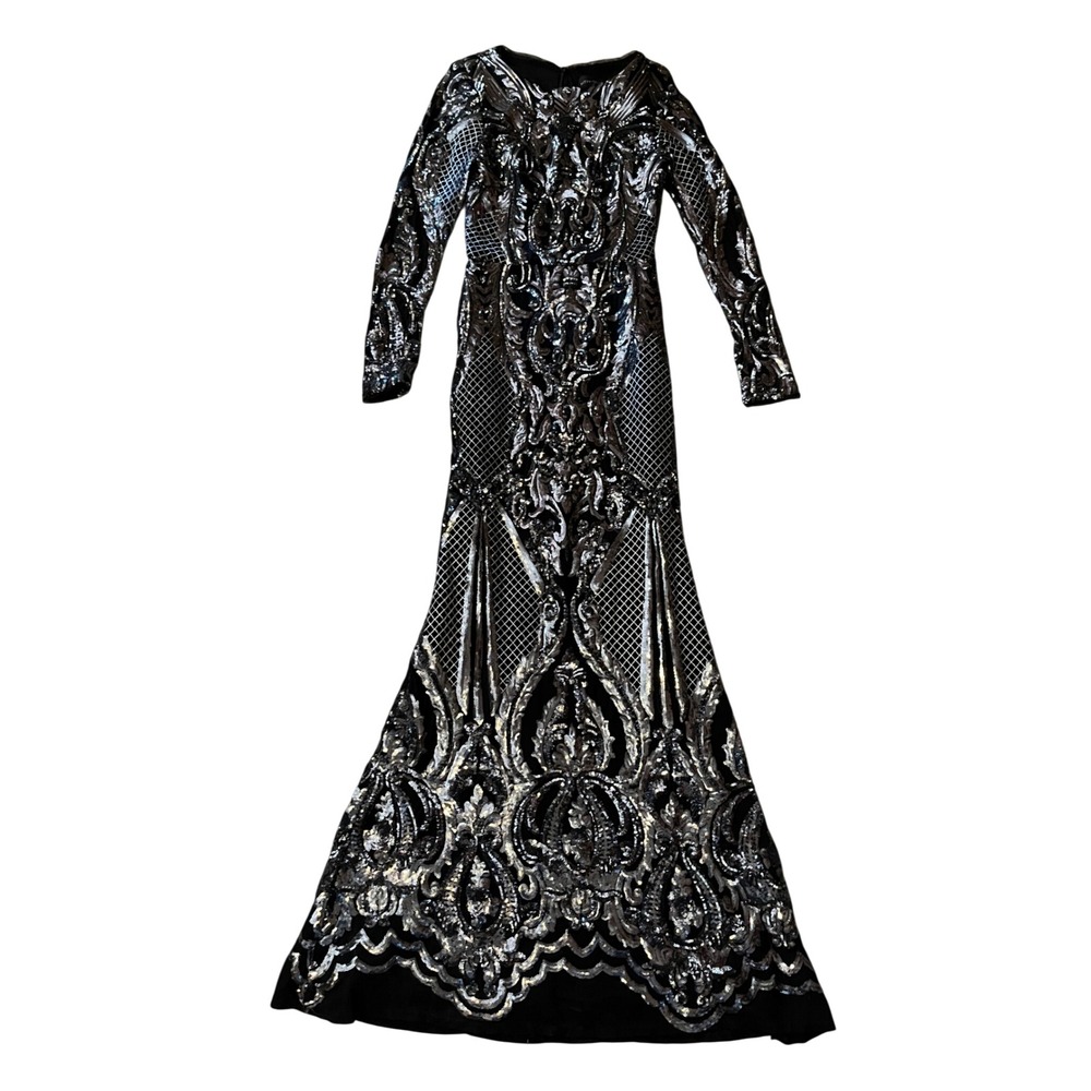 Betsy & Adam Womens Sequin Mermaid Gown Long Sleeve Black Silver Size 4